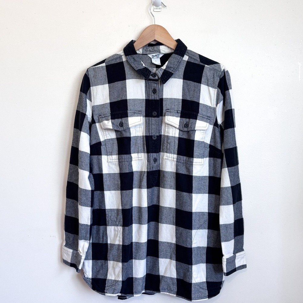 Duluth Trading Womens Buffalo Check Flannel Tunic Top Large Black White Plaid